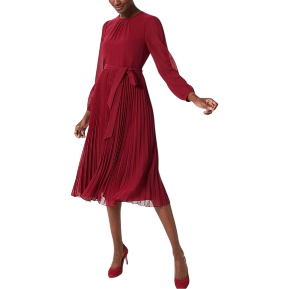 Hobbs London Paulina Pleated Dress Burgundy Red Accordion Fit & Flare Size‎ 14